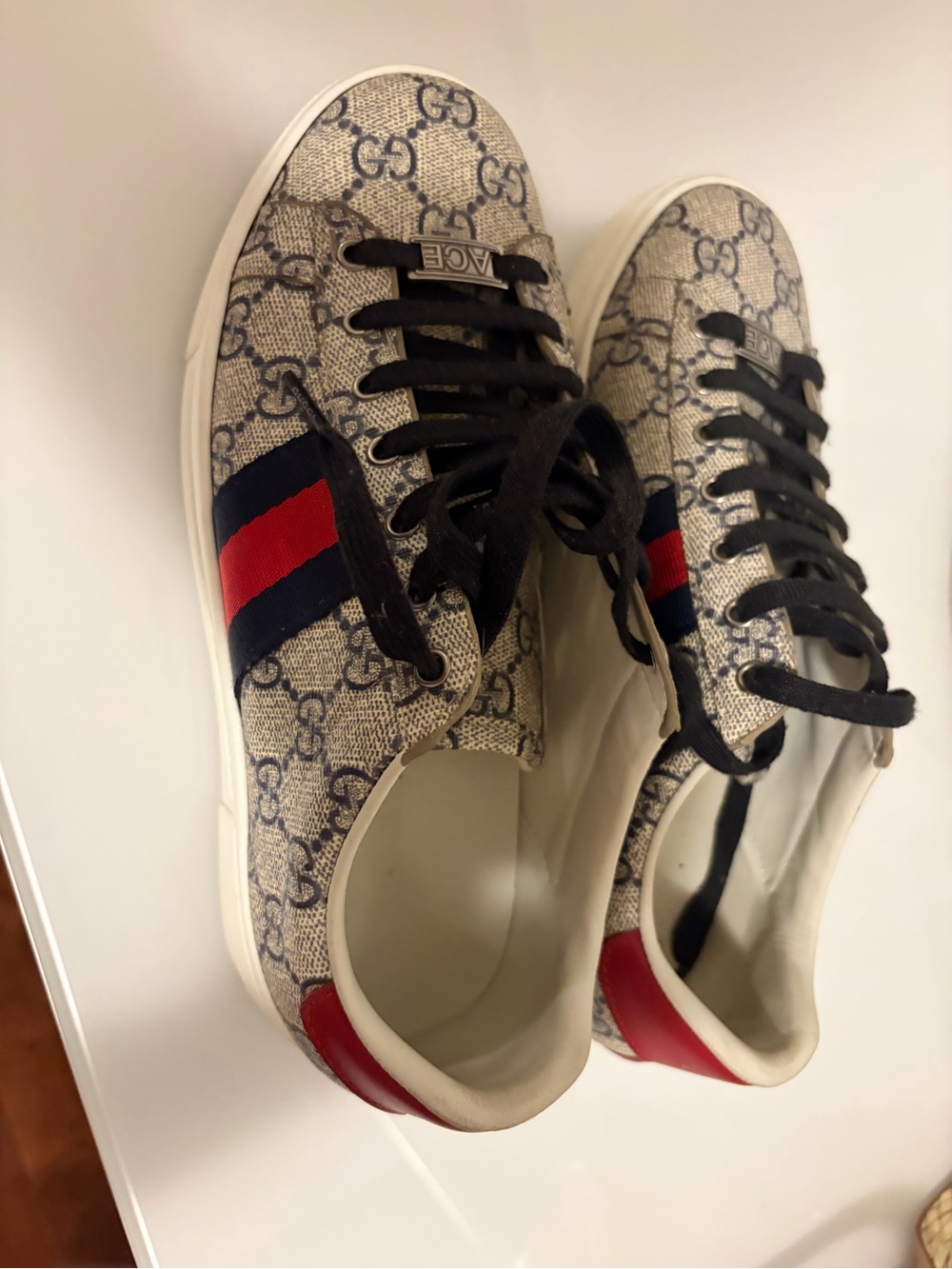 Beige Monogram Low-Top Sneakers with Red & Navy Stripe
